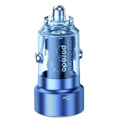 Porodo 75W Dual Port Transparent Aluminum Car Charger - Blue